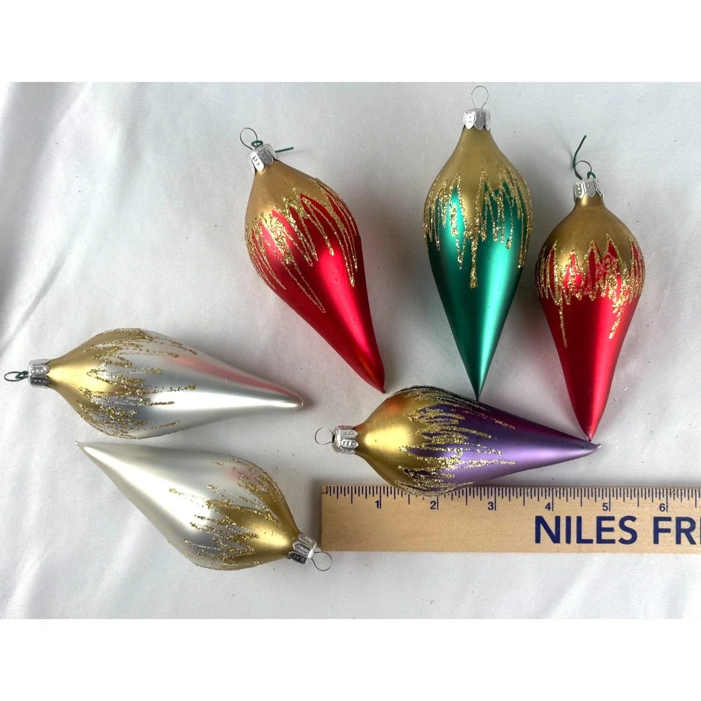 Vintage Romanian style Hand Decorated Glass Teardrop Finial Ornaments Set of 6